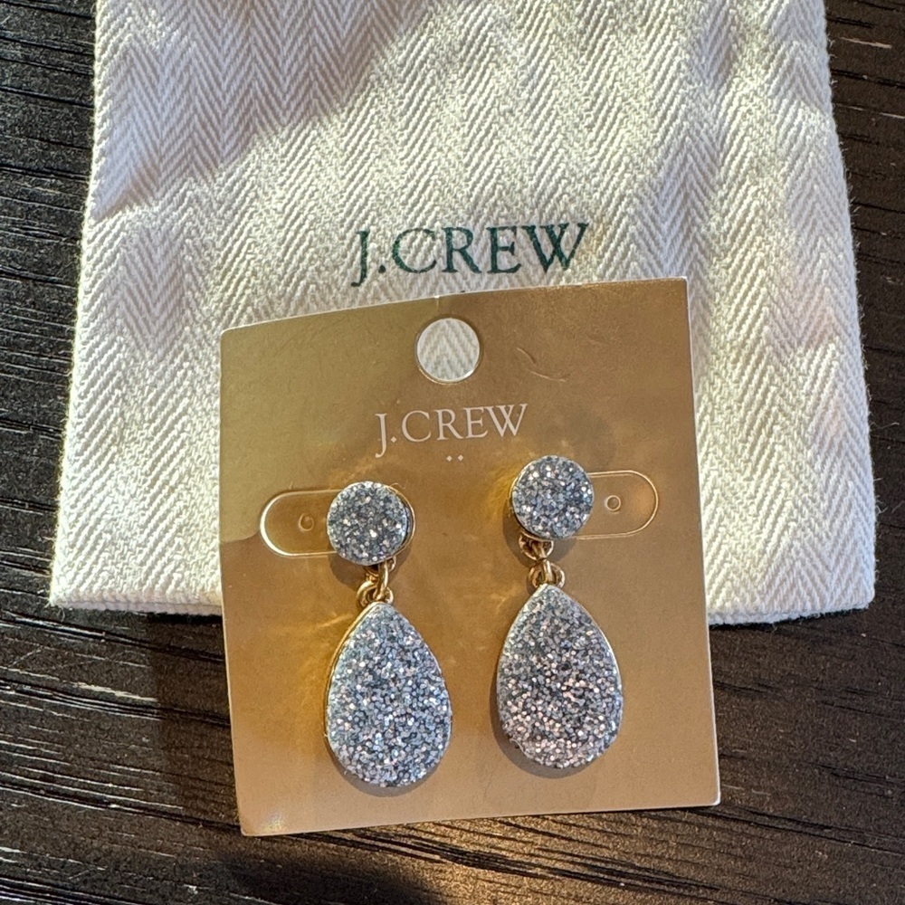 J. Crew silver sparkle teardrop pierced earrings. Gold hardware. NWT.